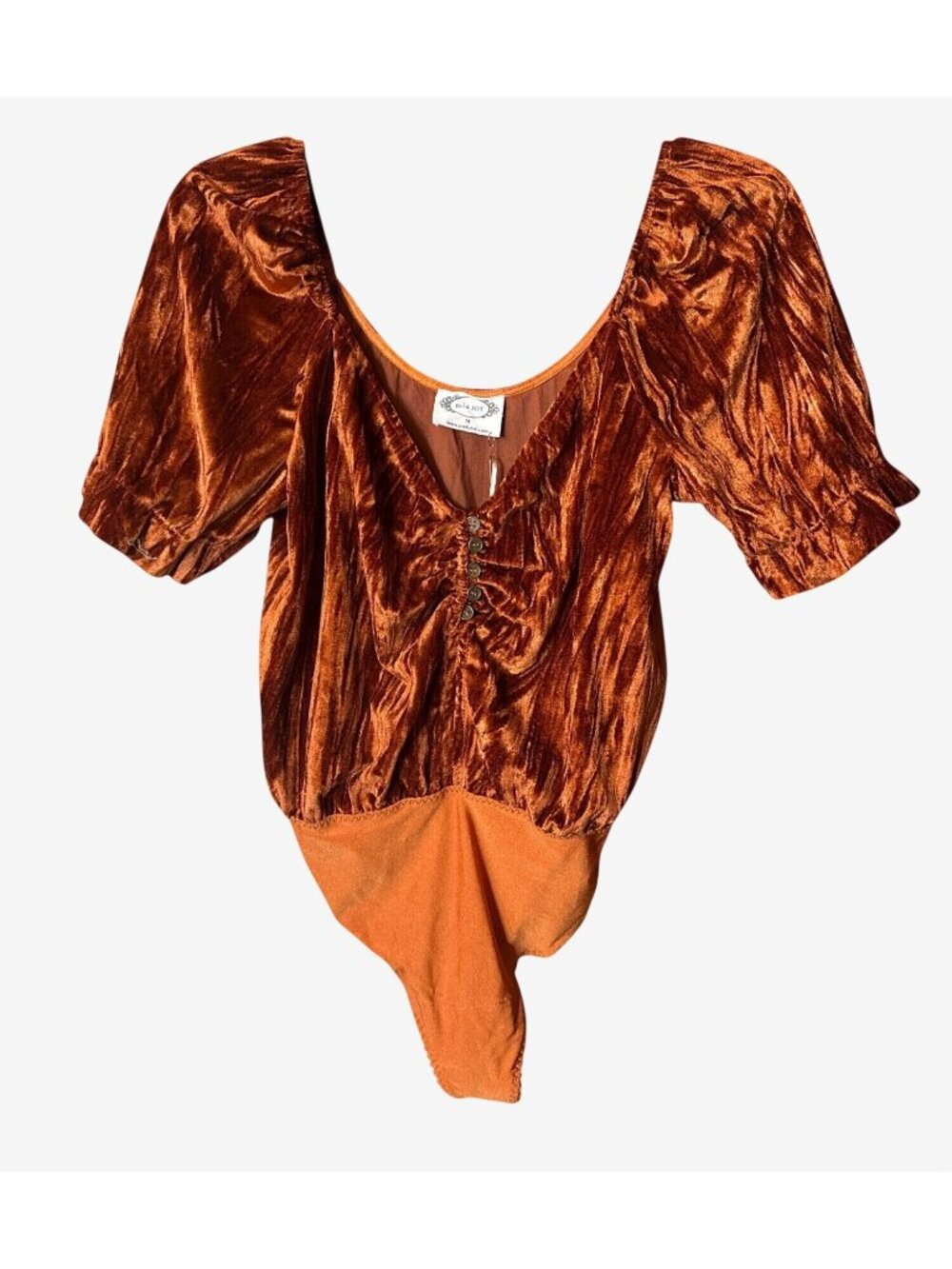 Mia Joy Velvet Bodysuit Rust Orange Short Puff Sleeve Button Front Scoop Neck XL